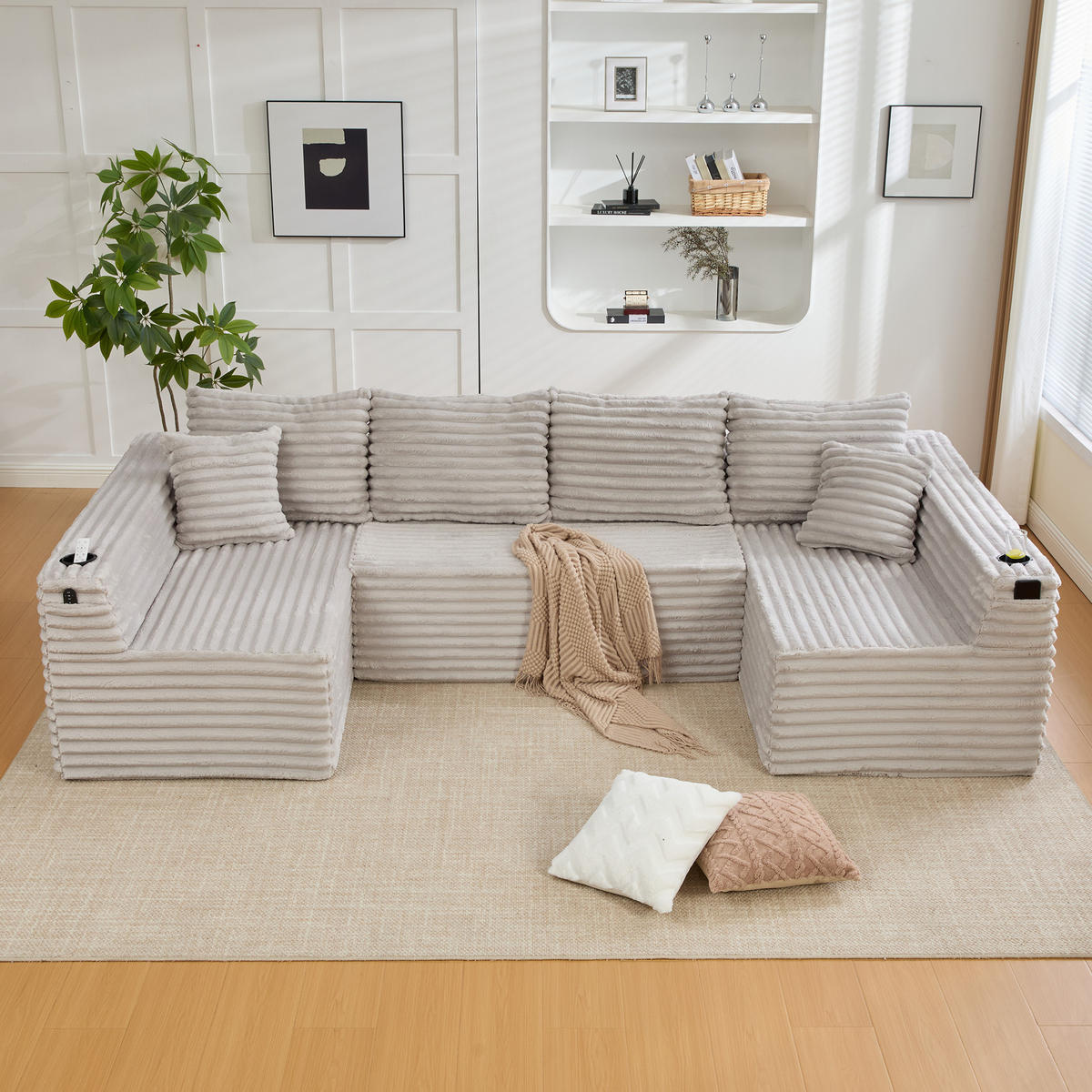 WOHNLANDSCHAFT DE-33829 U-Form mit Getränkehaltern Hellgrau - Hellgrau, Metall (320/88/155cm) - ComfortXL