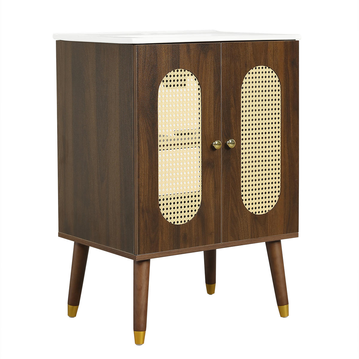 BADEZIMMERSCHRANK Rattan Türen Keramik Waschbecken Stauraum 61cm - Walnussfarben, Keramik (61/89/47cm) - FLIEKS