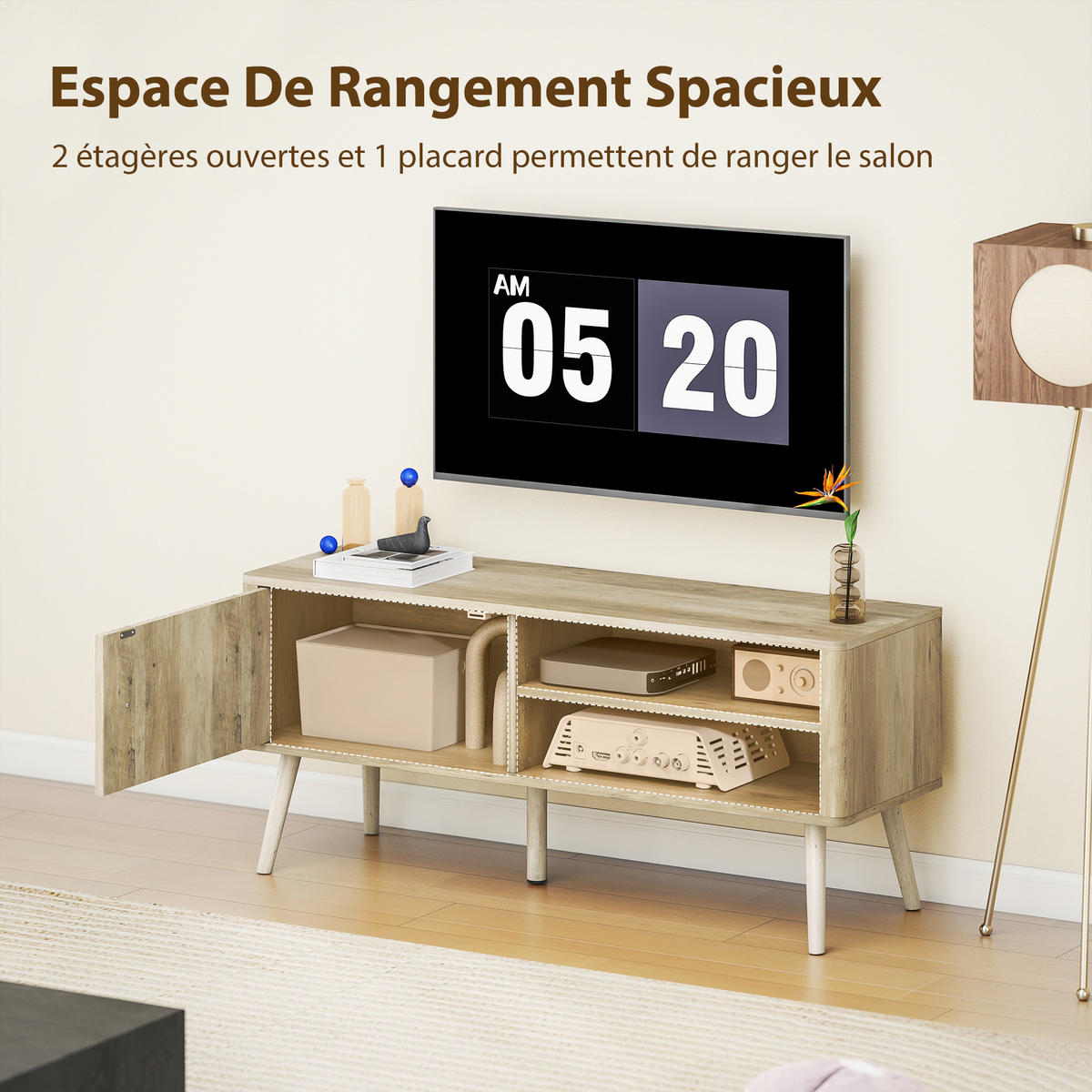 TV-BANK Eichenfarben 115/35/49 cm, 1 Tür, Offene Fächer, Kabelmanagement - Eichefarben, Holzwerkstoff (115/49/35cm) - PANGIVO