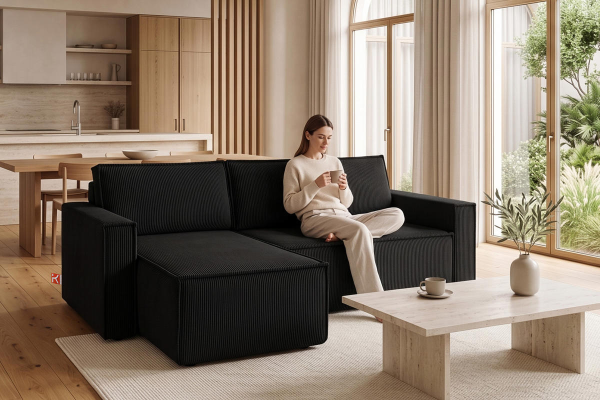 ECKSOFA-LINKS/RECHTS NAPI Schlaffunktion mit Cordbezug, antracyt - Schwarz, Textil (246/148cm) - KONSIMO®