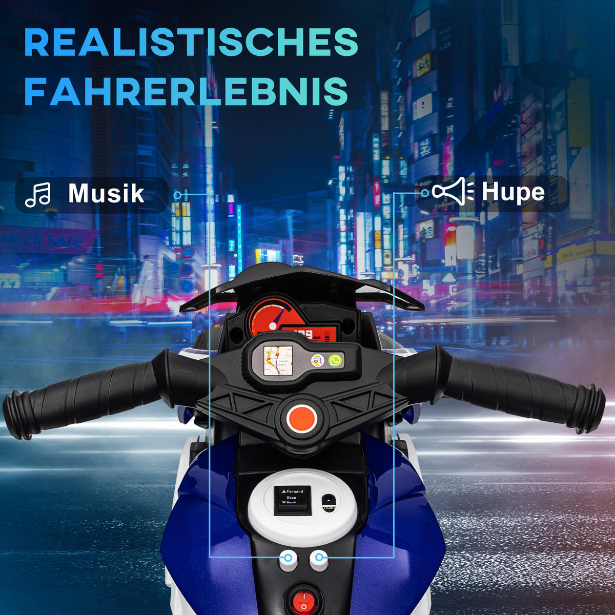 KINDER-ELEKTROMOTORRAD mit Musik, 3 km/h, für 3-5 Jahre Kinder - Blau, Metall (86/42/52cm) - HOMCOM