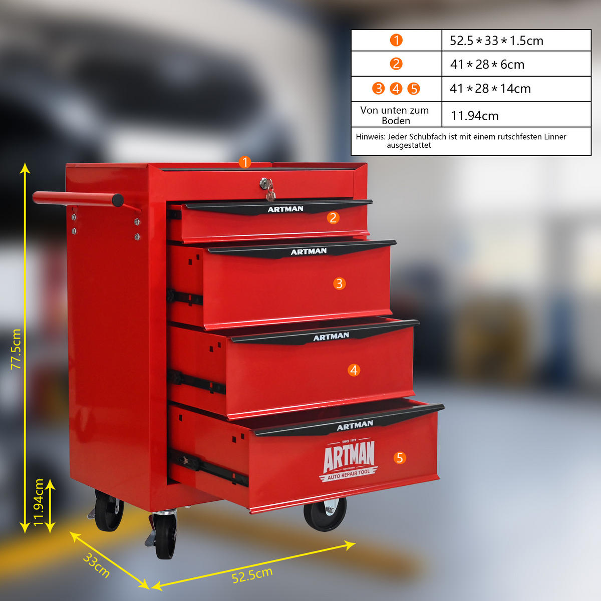 KOMBINATIONSKOFFER – Einheit mit 4 Schubladen, 508 mm (20 Zoll), ausgestattet mit 4 Schubladen, Farbgebung in Rot und Schwarz. - Multicolor, Metall (33/77.5/60cm) - DCA