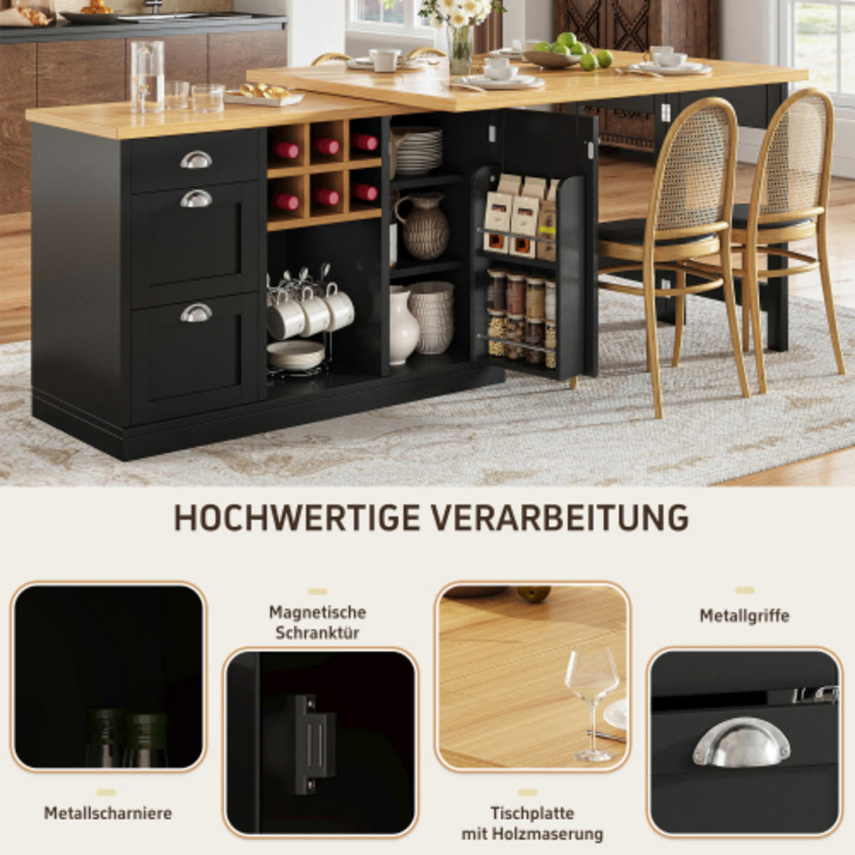 KÜCHENINSEL 120-197×40×74 cm aus MDF mit 360° drehbaren Tischpaneelen, Weinregal und vielfältigem Stauraum, schwarz - Schwarz, Holzwerkstoff (197/74/40cm) - Luhomfu