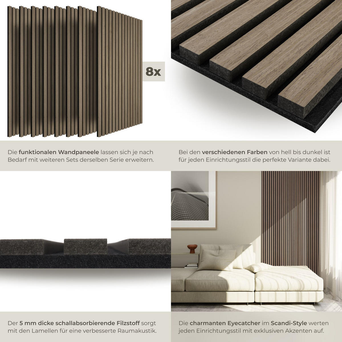 AKUSTIKPANEELE 8er Set Sonic Wall Iv, je 110 x 50 x 1,1 cm, Größe flexibel anpassbar, Eiche dunkel - Wildeiche, Holz (50/1.1/110cm) - tectake