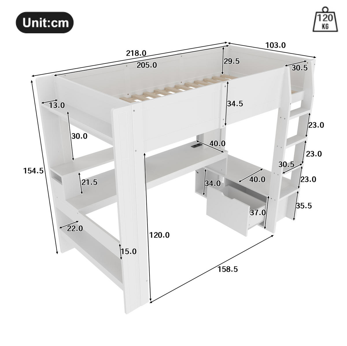 HOCHBETT 90/200 cm aus Kiefer mit Schreibtisch, LED-Beleuchtung und Stauraum Weiß - Weiß, Holz (90/200cm) - Modenvie