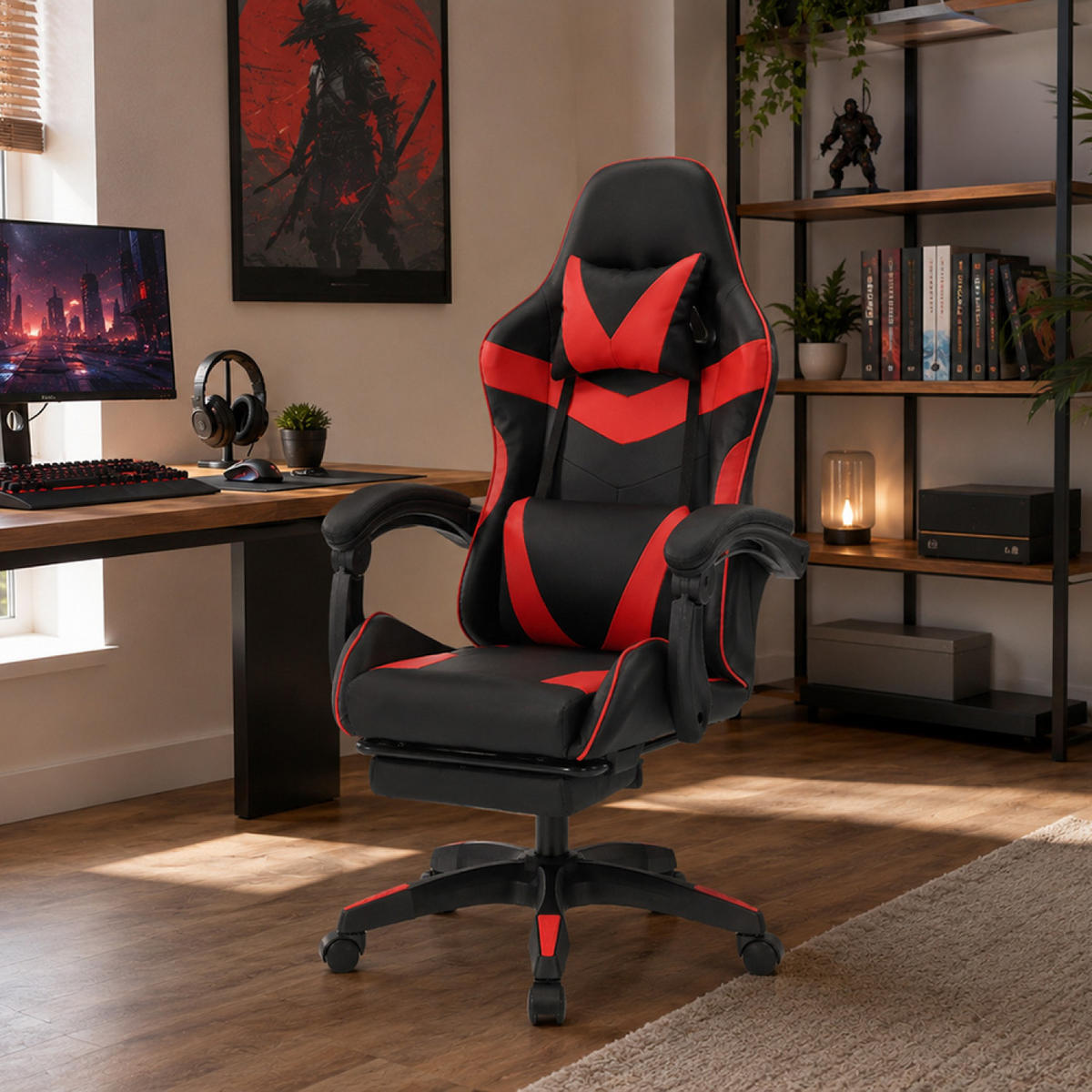 GAMING-STUHL Akron Schwarz und Rot Verstellbar Ergonomisch - Rot, Kunststoff (63/112/75cm) - Concept Usine