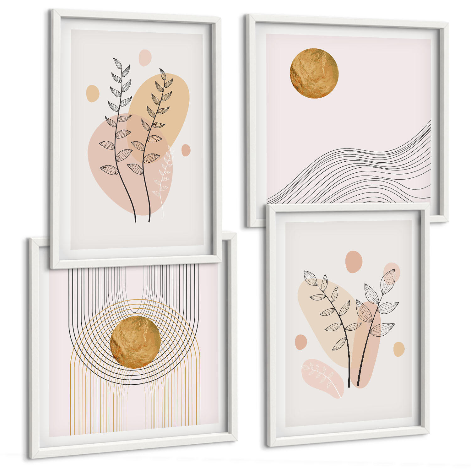 BILDER SET 4er Set - 50x50 cm & 40x60 cm Weißer Rahmen - Minimalistische Pflanzenzeichnungen - Weiß, Kunststoff (50/50cm) - TULUP