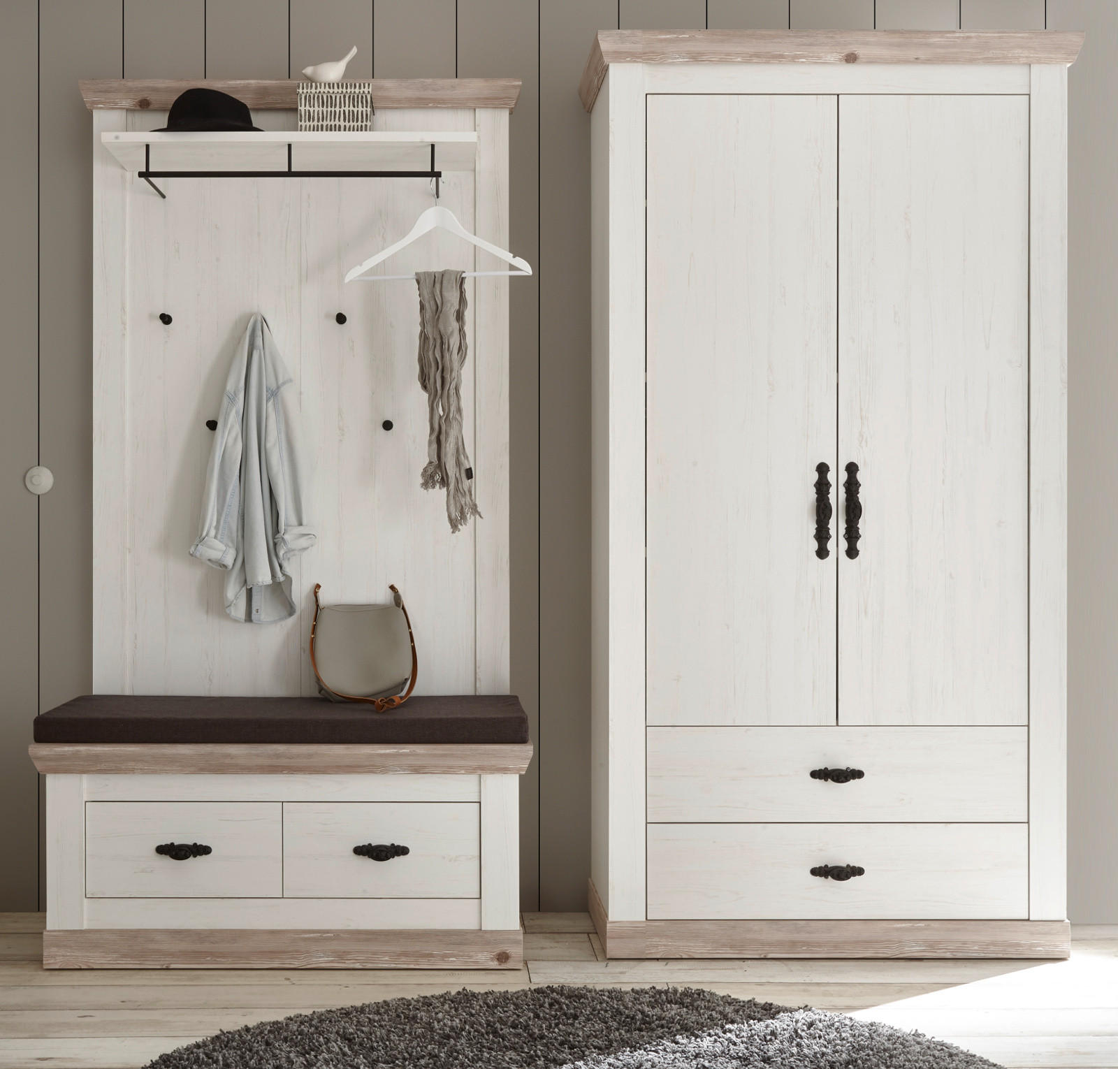 GARDEROBENKOMBINATION Pinie weiß, Oslo Pinie Landhaus, Garderobe Set 3-tlg., 224 x 201 cm - Weiß/Pinienfarben, Holzwerkstoff/Metall (224/201/45cm) - Furn.Design