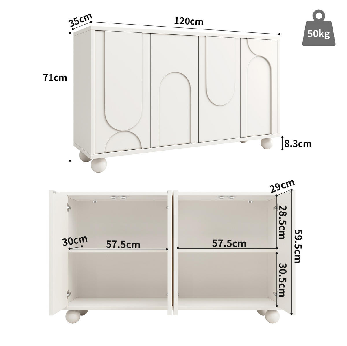 KOMODA z MDF, 120/35/71 cm bílá/krémová, s nastavitelnou policí - bílá, kompozitní dřevo (120/71/35cm) - BEAOK
