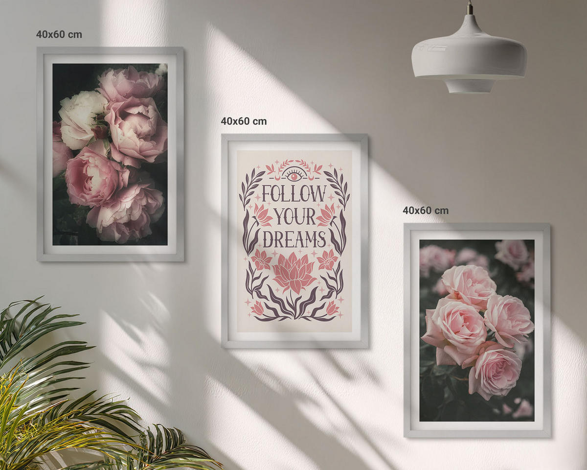 BILDER SET 3er Set - 40x60 cm Silberner Rahmen - Vintage-Rosenträume-Inschrift - Silberfarben, Kunststoff (40/60cm) - TULUP