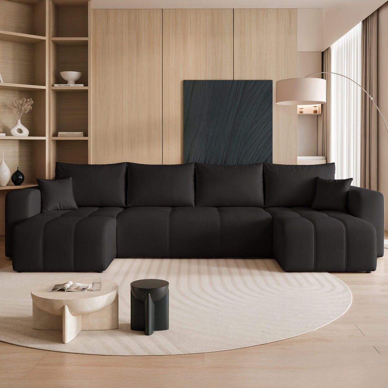 WOHNLANDSCHAFT U-Form Velours mit Bettkasten und Schlaffunktion - Schwarz, Holzwerkstoff/Textil (318/79/145cm) - Idohome