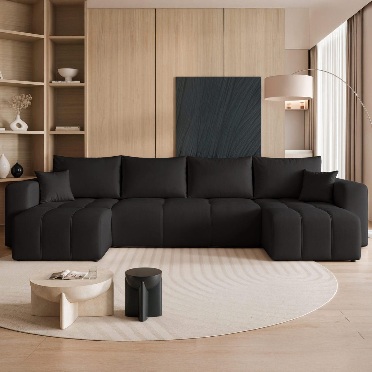 WOHNLANDSCHAFT U-Form Velours mit Bettkasten und Schlaffunktion - Schwarz, Holzwerkstoff/Textil (318/79/145cm) - Idohome