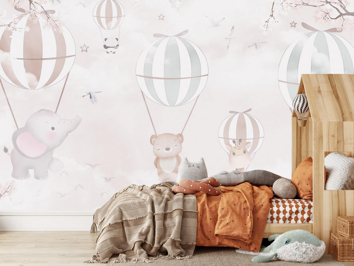 FOTOTAPETE für Kinderzimmer Tiere Himmel Elefant Giraffe Panda Vögel Ballons 500x350 - Multicolor, Papier (500/350cm) - Muralo