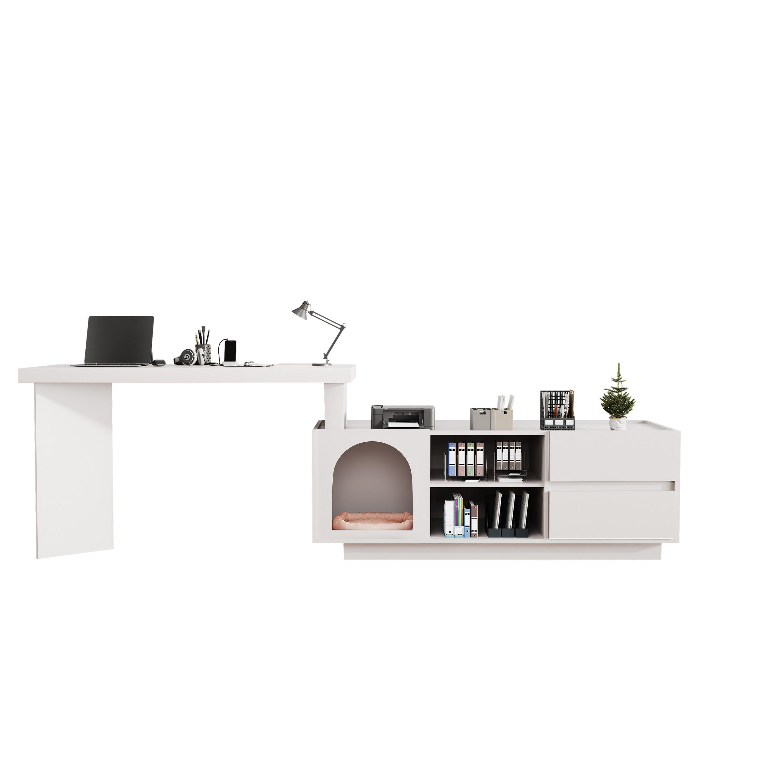 BÜROTISCH mit Stauraum und integriertem Haustierbereich – Weiß - Weiß, Holzwerkstoff/Metall (120/120/75cm) - Urban Meuble
