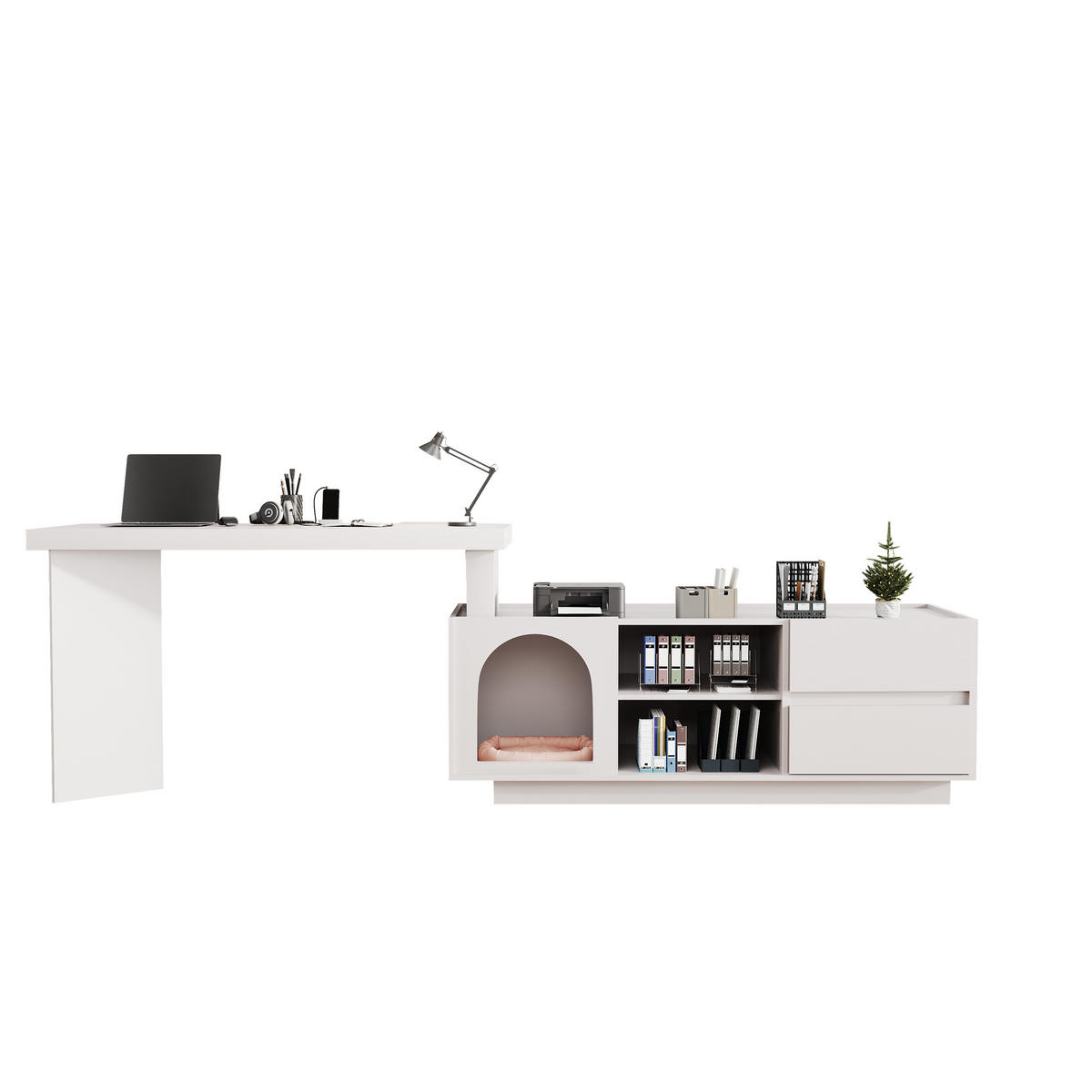 BÜROTISCH mit Stauraum und integriertem Haustierbereich – Weiß - Weiß, Holzwerkstoff/Metall (120/120/75cm) - Urban Meuble