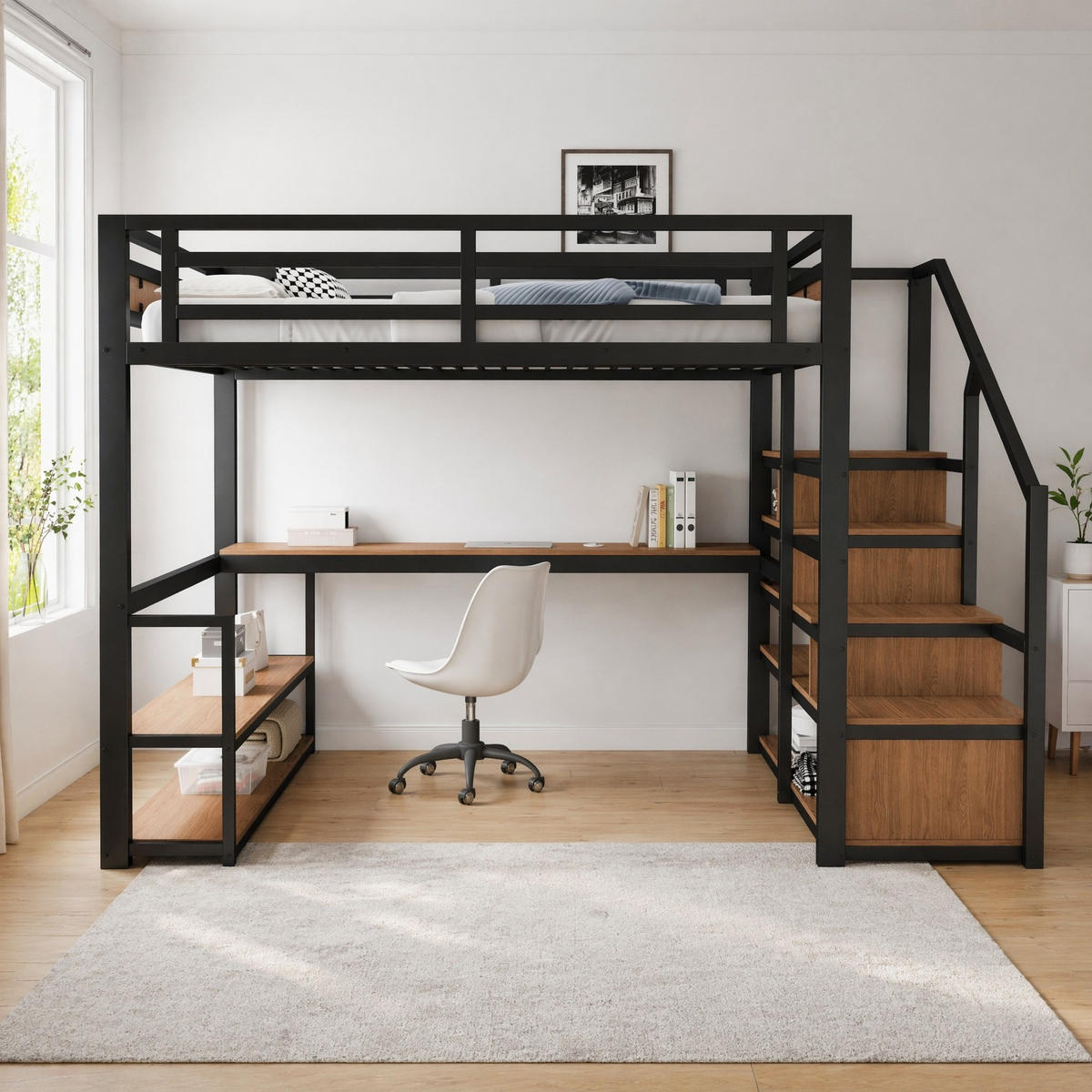 HOCHBETT 140/200 mit Schreibtisch Regalen und Sicherheitszaun in Schwarz - Schwarz, Holz/Metall (140/200cm) - EVRYAE