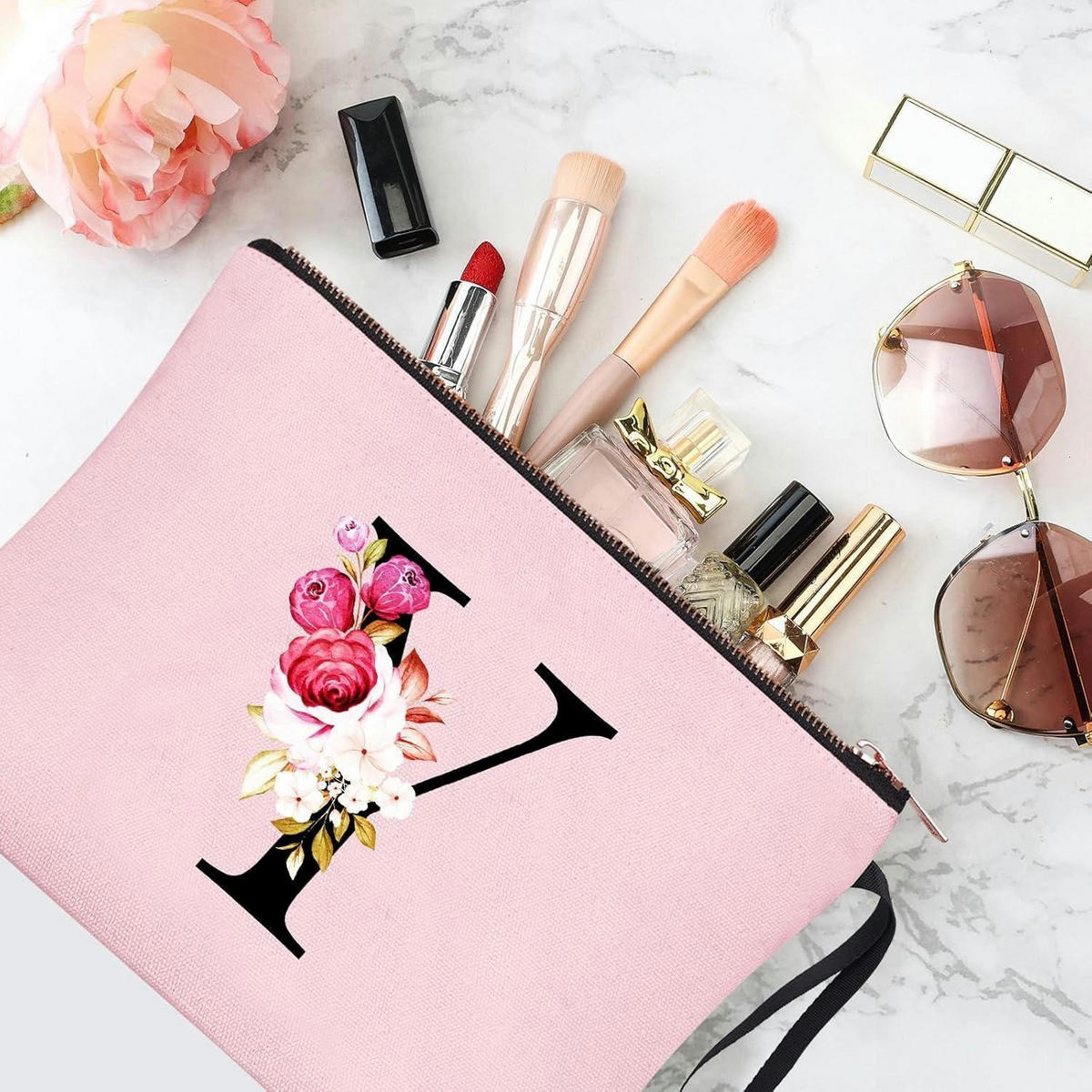 KOSMETIKTASCHE mit Initialdruck Y, Pink - Rosa, Textil (5/16/24cm)