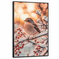 LEINWAND Bilder mit Rahmen - Vogel - Zweig - Winter - Tiere - Schnee - 100x150 - Bernsteinfarben, Textil (100/150cm) - MuchoWow