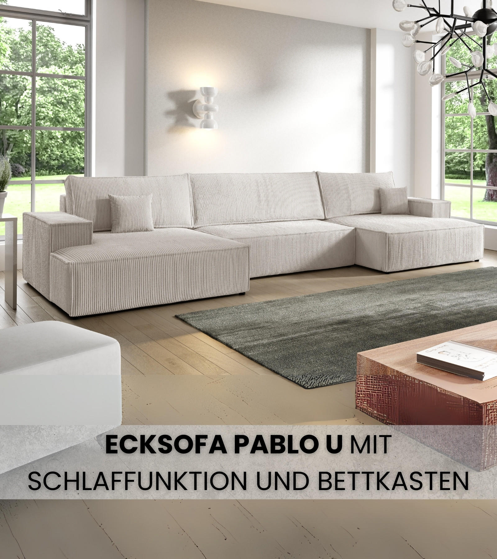 WOHNLANDCHAFT Pablo U mit Schlaffunktion Weiß Cord - Weiß, Textil (398/85/148cm) - Bromarkt