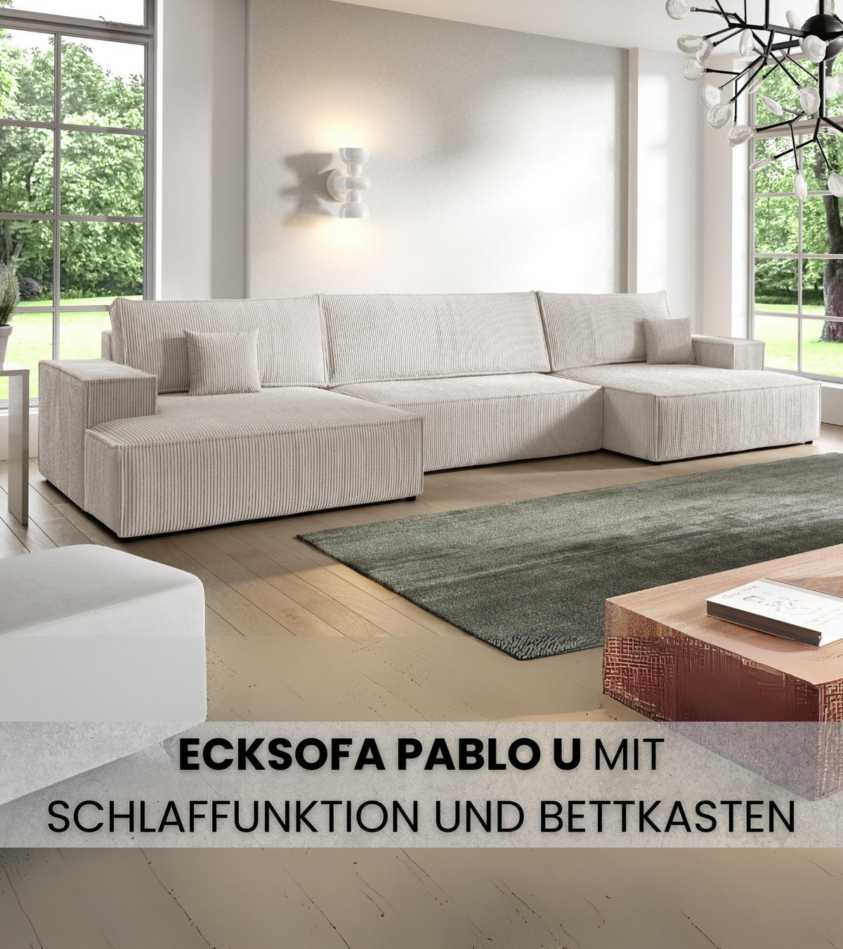WOHNLANDSCHAFT Pablo Maxi mit Schlaffunktion Weiß Cord - Weiß, Textil (397/85/148cm) - Bromarkt