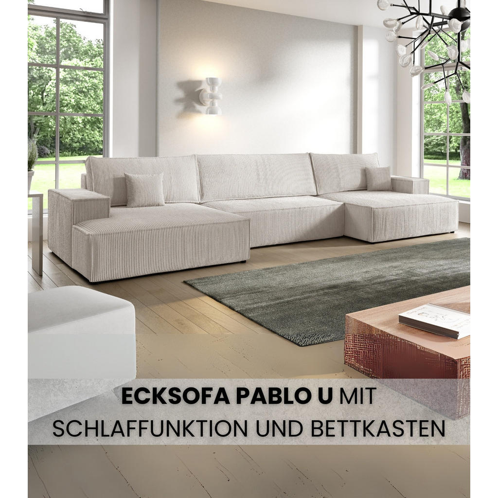 Thumbnail - Bromarkt Wohnlandchaft, Weiß, Textil, 5-Sitzer, U-Form, 398x85x148 cm, Wohnzimmer, Sofas & Couches, Wohnlandschaften, Wo...