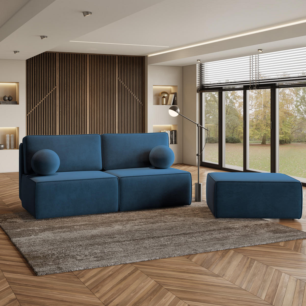 ECKSOFA VARNA M Blau Velours-Stoff mit Schlaffunktion - Blau, Holz (196/158cm) - MASSENO