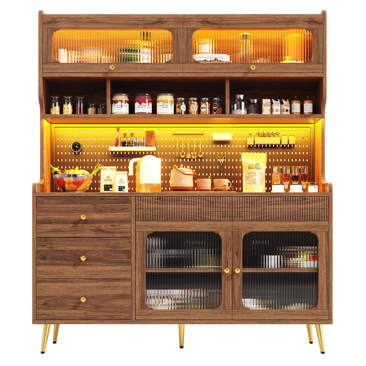 GESCHIRRSCHRANK aus MDF/Glas 145x39x171 cm in Walnuss mit RGB-LED & Lift-up-Tür - Walnussfarben, Holzwerkstoff (145/171/39cm) - Modfu
