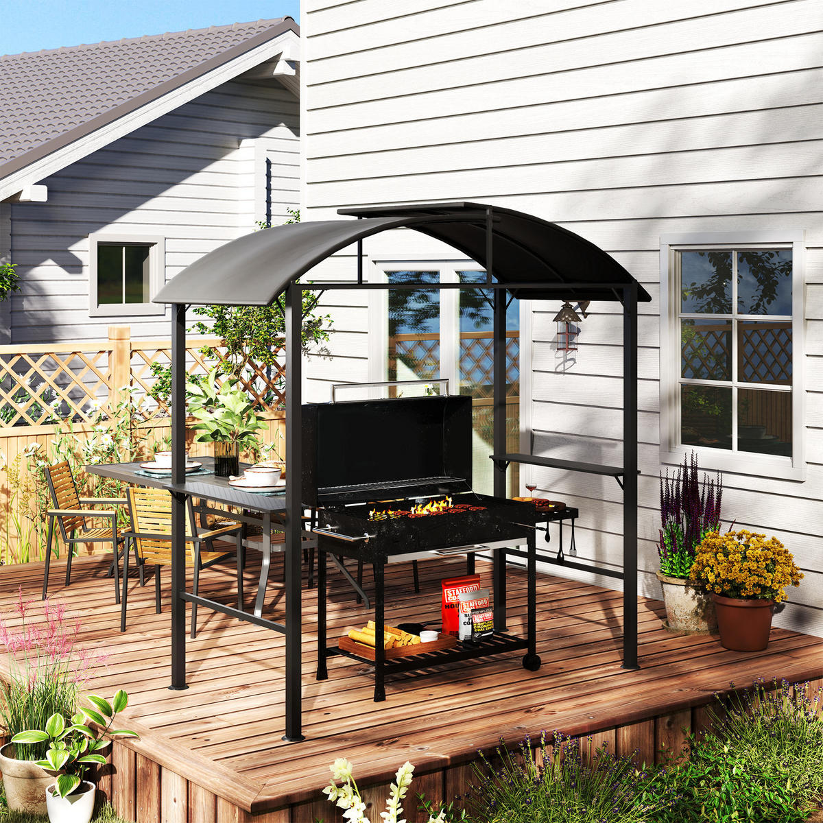 GRILLPAVILLON mit Doppeldach 233 x 110 x 235 cm - Dunkelgrau, Metall (110/235/233cm) - Outsunny