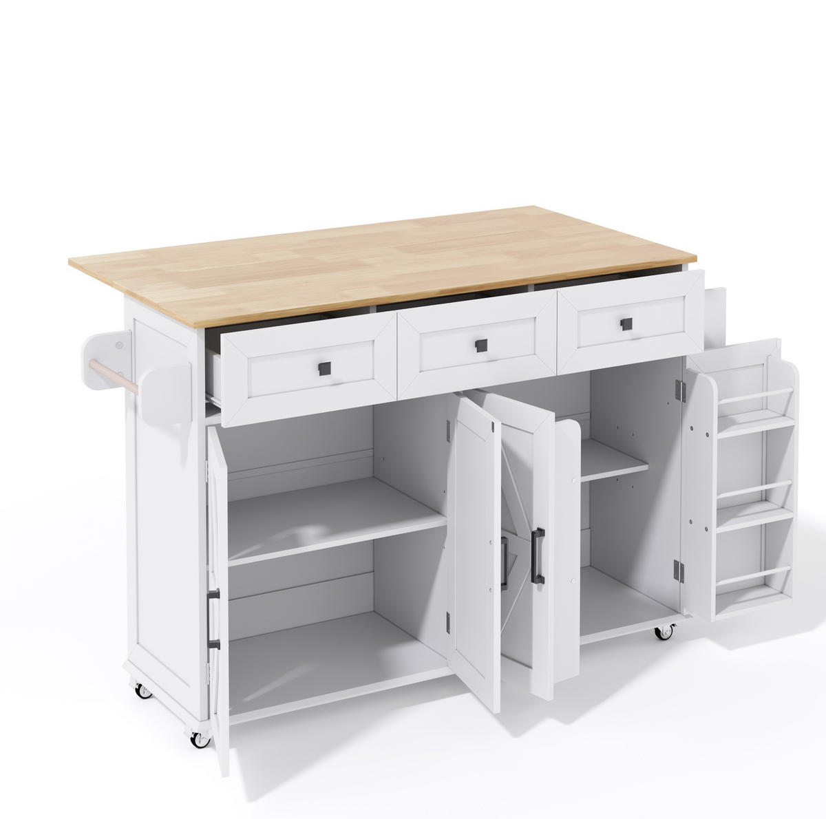 KÜCHENINSEL 140/43(70)/90,5 cm mit klappbarer Arbeitsplatte, 4 Türen, 3 Schubladen und Rollen, Weiß/Natur - Weiß, Holzwerkstoff (140/93/70cm) - Redom