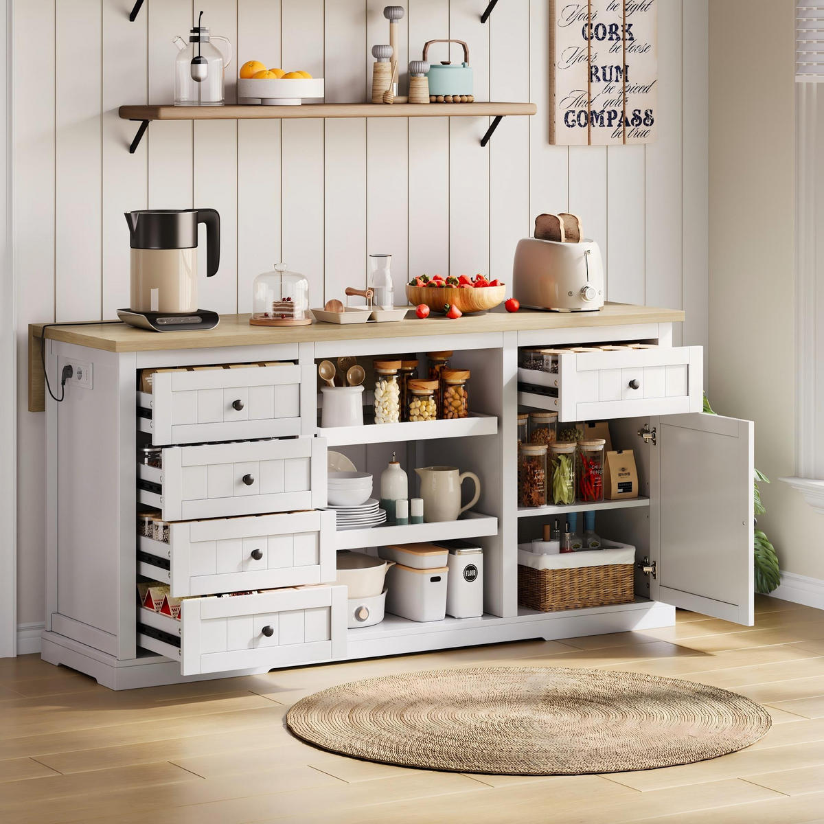 SIDEBOARD in Weiß Kücheninsel mit Schubladen und Ausziehböden für Küche, Esszimmer und Wohnzimmer, B150/T65/H75 cm - Weiß, Holzwerkstoff (150/75.5/65cm) - STILVORA