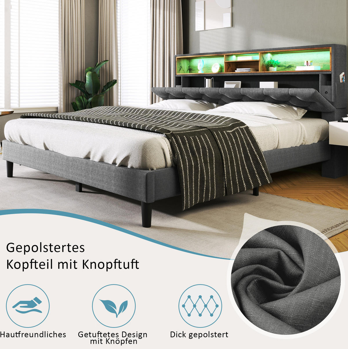 POLSTERBETT 140/200 cm Grau aus Massivholz mit Stauraum-Kopfteil und LED-Beleuchtung - Grau, Holz (140/200cm) - OKMYHOME