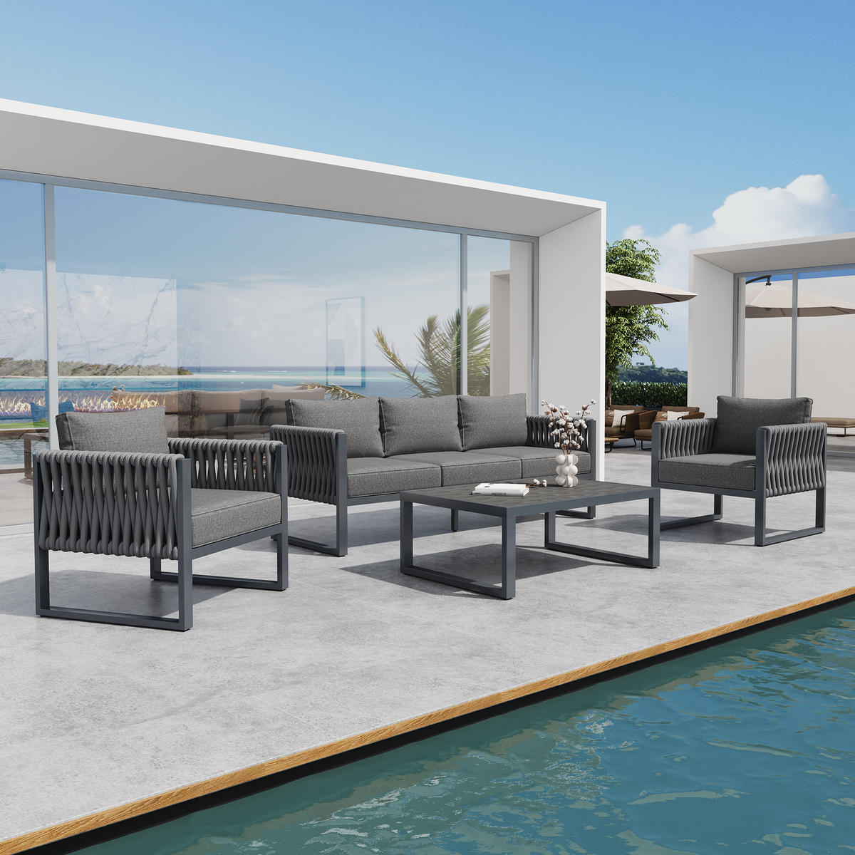 GARTENSET 5-Sitzer Grau Mit Verstellbaren Füßen & Metallgestell - Grau, Metall - FLIEKS