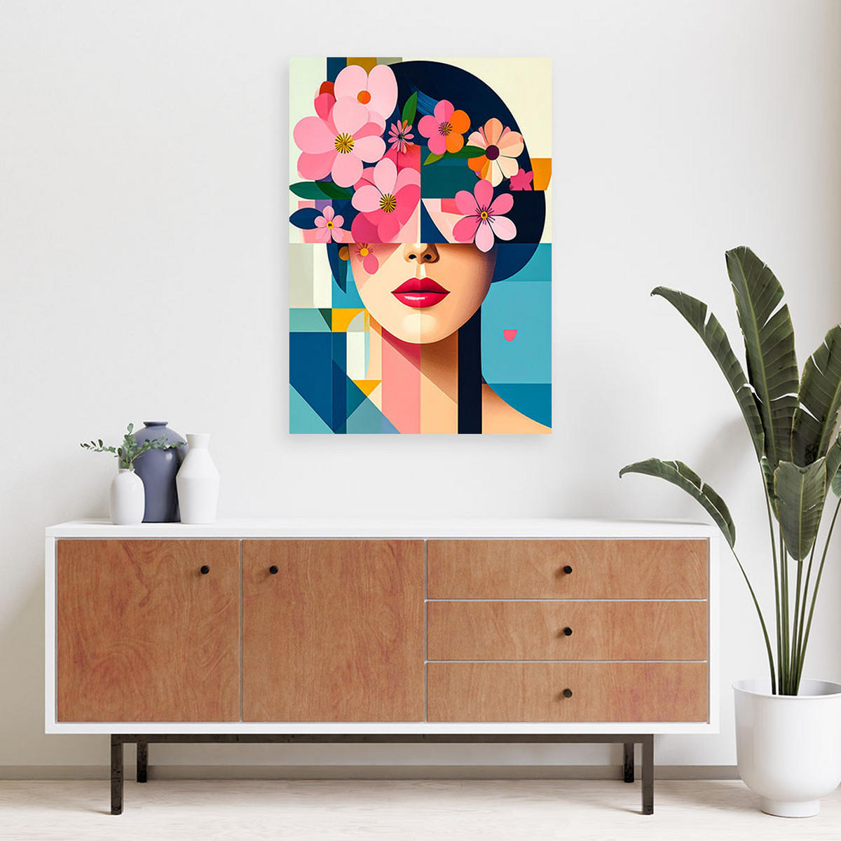 LEINWANDBILD Frau mit Blumen auf dem Kopf im Bauhaus-Stil 60x90cm - Multicolor, Textil (60/90cm) - Feeby