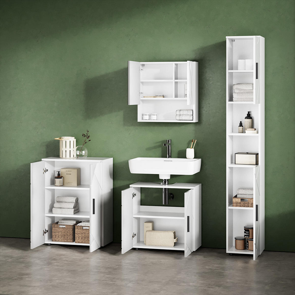 BADMÖBEL-SET Ronco Weiß Hochglanz 4 Teile, mit Hochschrank und Kommode - Weiß Hochglanz/Weiß, Holzwerkstoff (60/192/30cm) - Livinity®