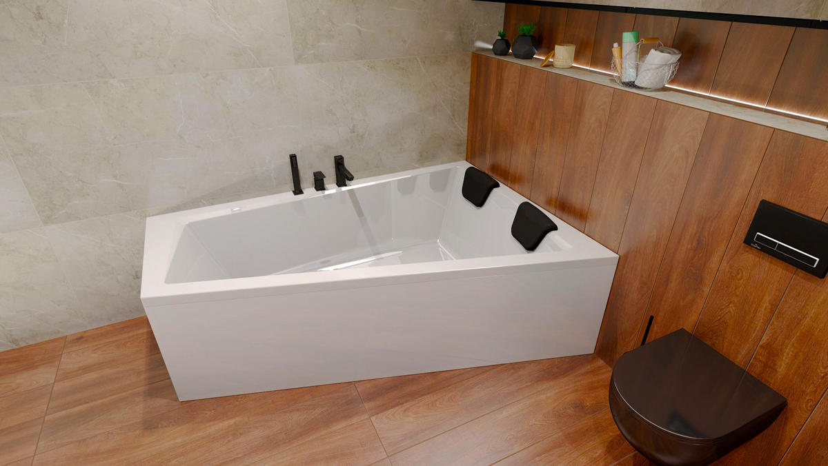 BADEWANNE Eckwanne INTIMA 150/85 Rechts + Schürze + Kopfstütze Ablauf Füße - Weiß, Kunststoff (85/55.5/150cm) - bad land