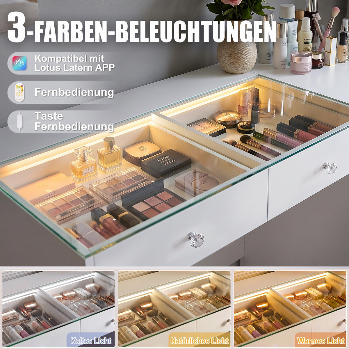 SCHMINKTISCH mit Beleuchtung 8 Schubladen Weiβ 120/55/81 CM - Weiß, Holzwerkstoff (120/55/81cm) - VANITII