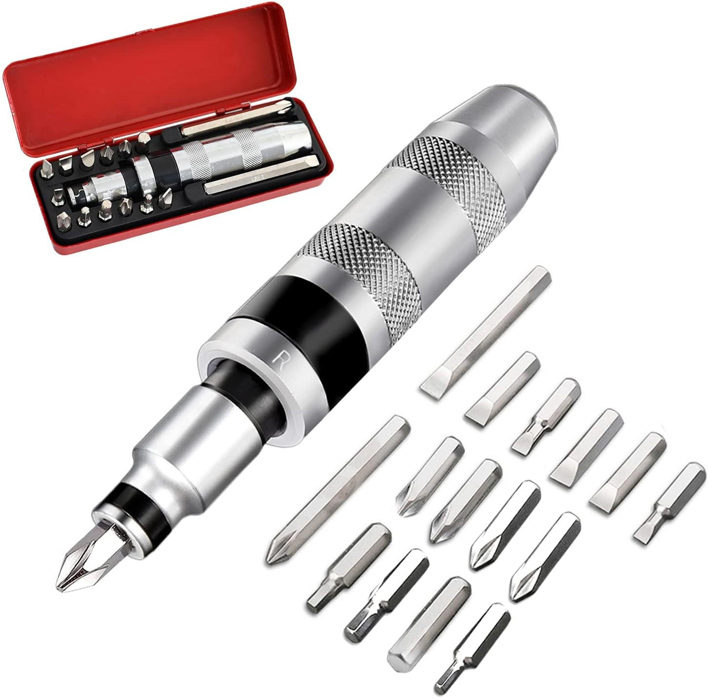 SCHRAUBENDREHER-SET-DIY,ES wird mit 15 Bits geliefert (Schlitz-, Kreuzschlitz- und Sechskantbits). - Silberfarben, Metall (2.5/2.5/16.5cm) - LIBRATON