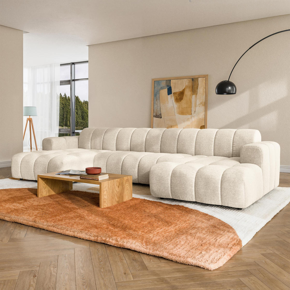 WOHNLANDSCHAFT AENIS Creme Strukturstoff - Creme, Holz (398/85/165cm) - MASSENO