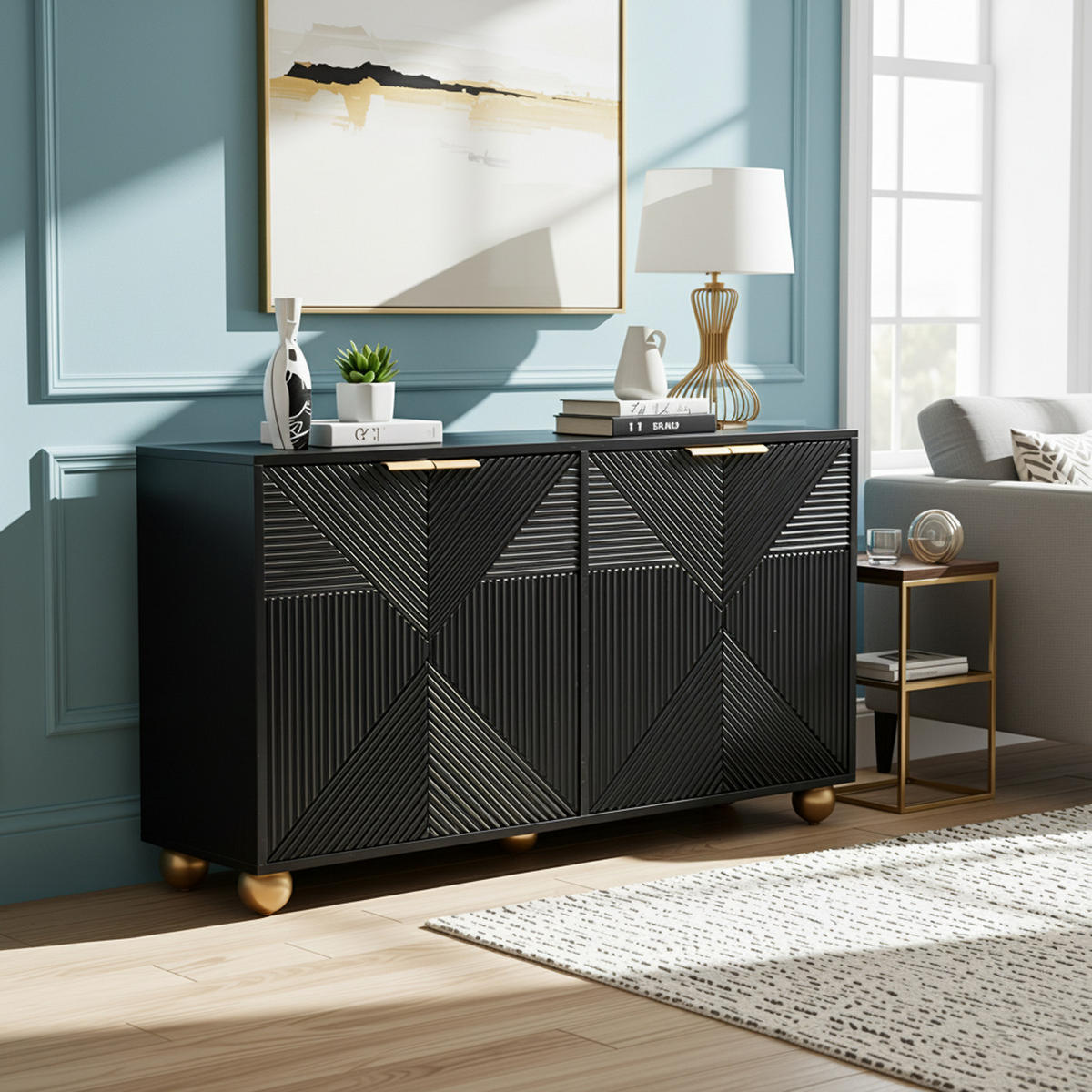 SIDEBOARD 120 cm in Schwarz mit 3D-Relief-Fronten & 4 Türen - Schwarz, Holzwerkstoff/Metall (120/72/35cm) - Urban Meuble