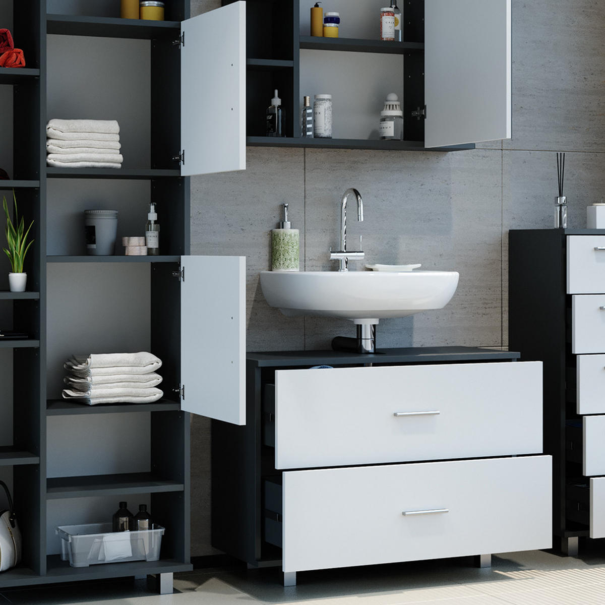 BADMÖBEL-SET Ilias Weiß/Anthrazit 4 Teile, mit Hochschrank - Anthrazit/Weiß, Holzwerkstoff (80.2/60.8/33cm) - Vicco