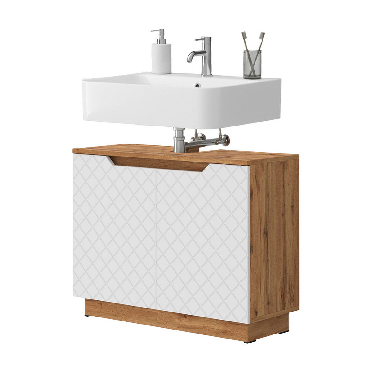 WASCHBECKENUNTERSCHRANK Lotta Eiche/Weiß mit Kachelstruktur 79.6 x 62.1 cm mit 2 Türen - Eichefarben/Weiß, Holzwerkstoff (79.6/62.1/32cm) - Vicco