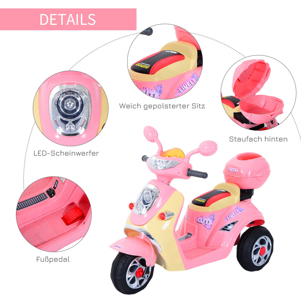 ELEKTRO KINDERMOTORRAD, Kindermotorrad/Rosa+Weiß, PP+ Metall - Rosa, Kunststoff (108/51/75cm) - HOMCOM