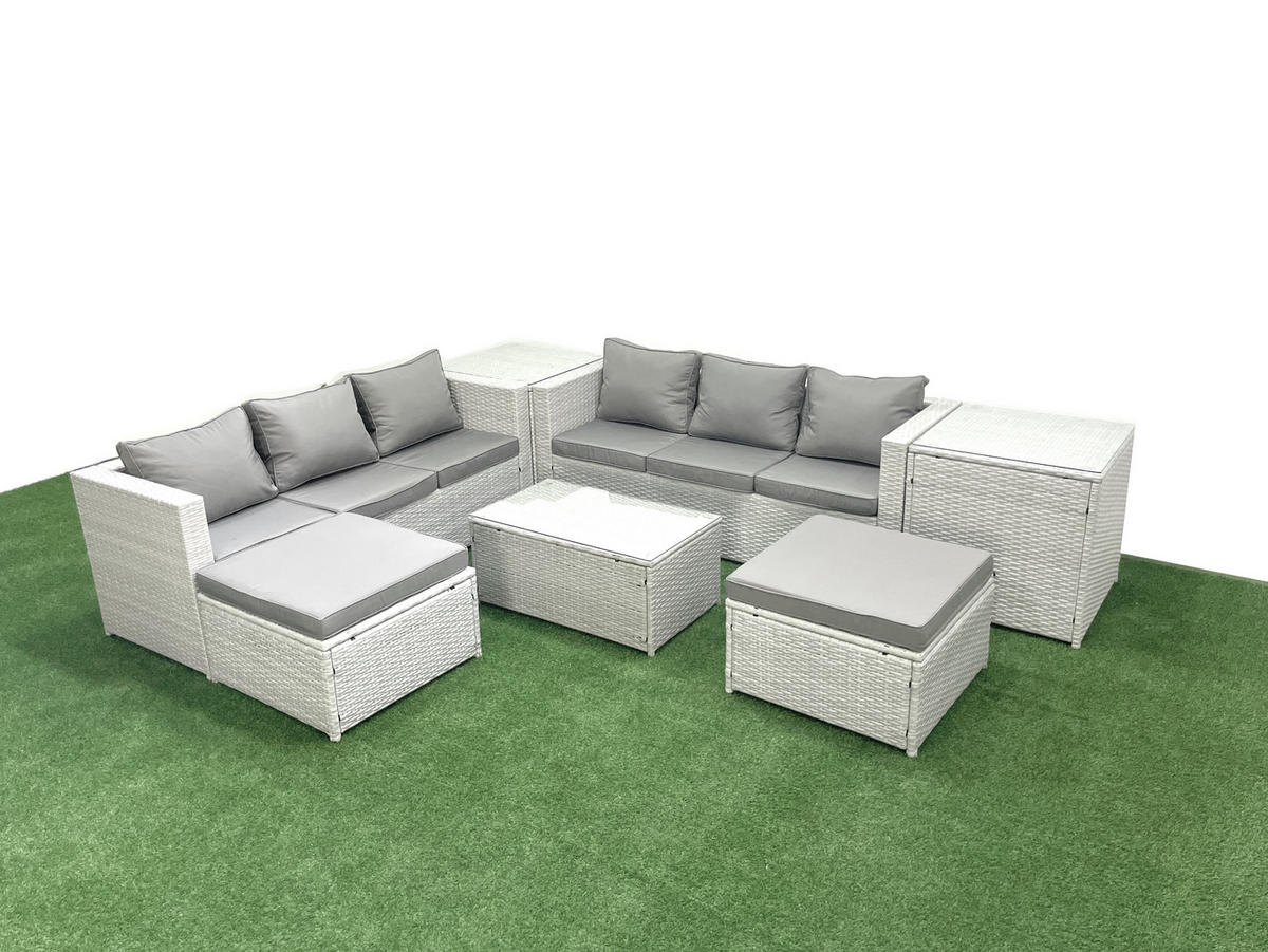 GARTENGARNITUR mit 3-SITZER SOFA,COUCHTISCH Polyrattan Hellgrau-Mix 8-Sitzer - Hellgrau/Grau, Glas/Kunststoff - Fimous