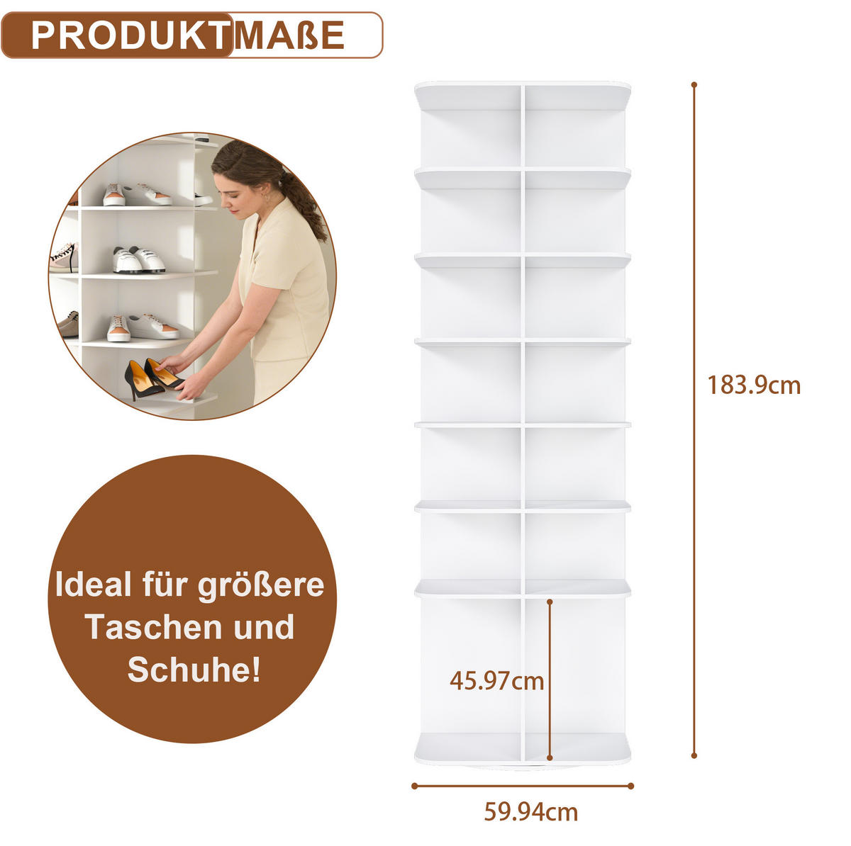SCHUHREGAL 60/60/184 cm in Weiß drehbar mit 7 Ebenen - Weiß, Holzwerkstoff (184/60/60cm) - Flora Grace