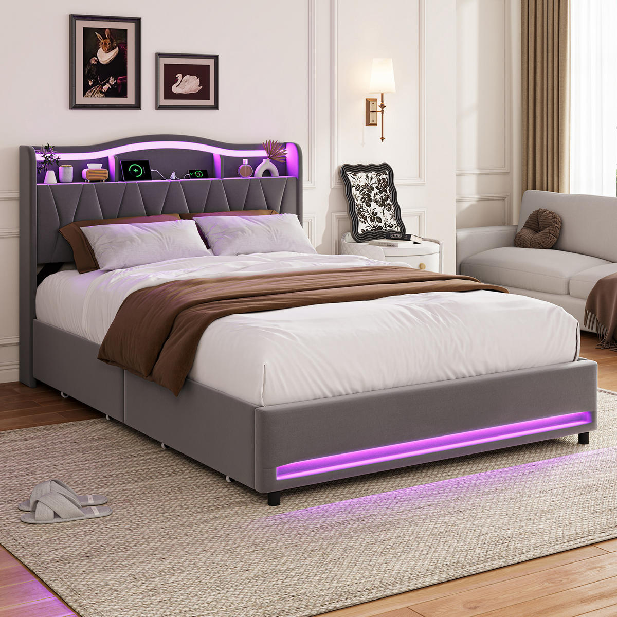 POLSTERBETT 140/200 cm mit Stauraumschubladen, aufklappbarem Kopfteil, Ablagefach mit mehrfarbigem LED & USB, LED-Leiste am Bettfuß - Grau, Holz/Metall (140/200cm) - Joyfair