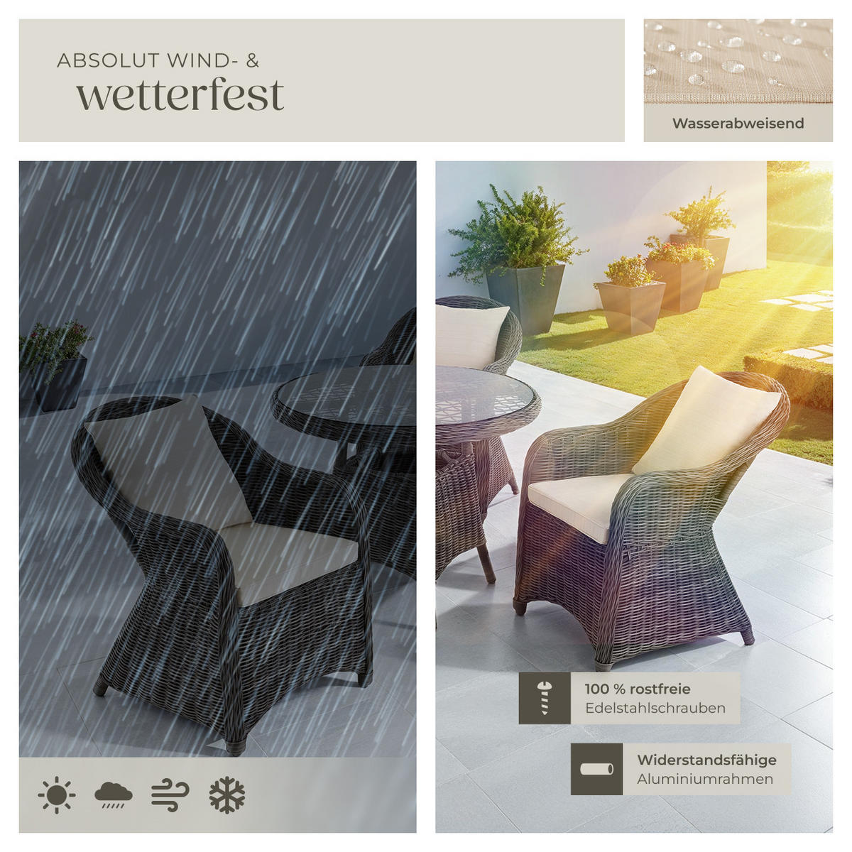 RATTAN SITZGRUPPE Zürich,Stühle vormontiert,grau - Grau, Kunststoff - tectake