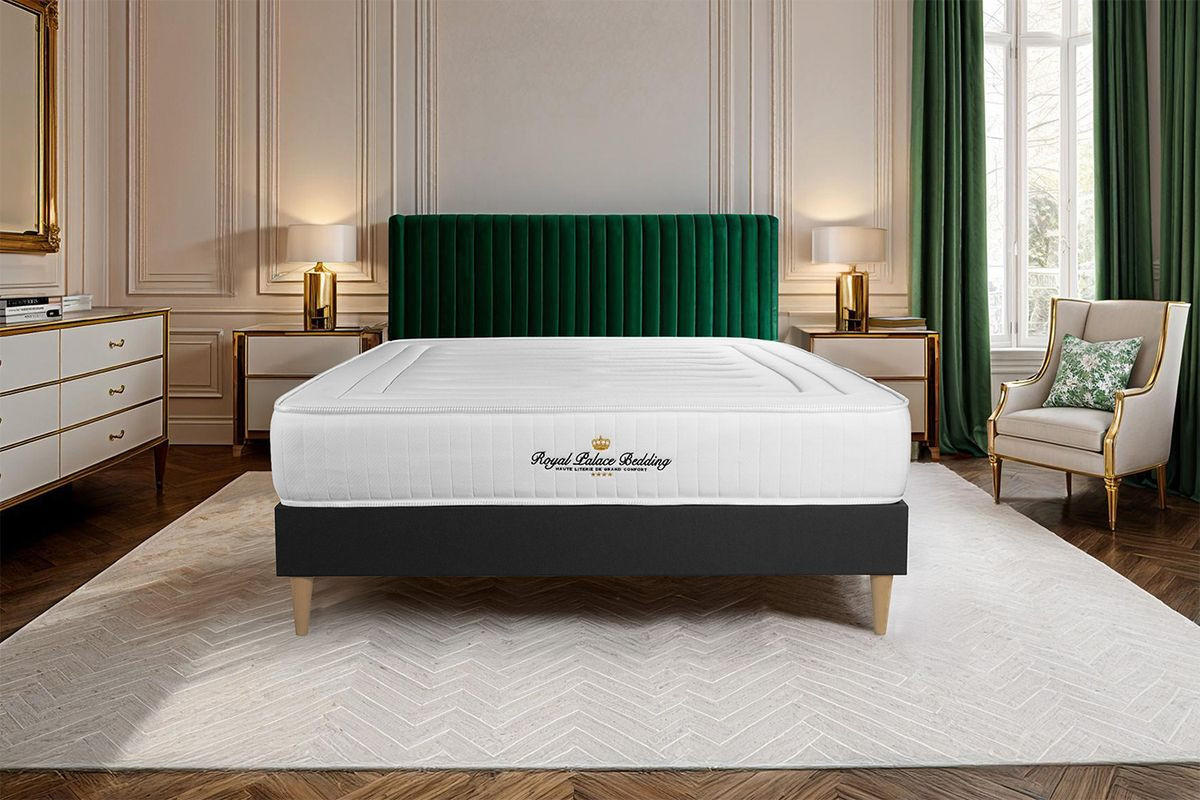 BETT Lancaster Taschenfederkern und Memory-Schaum 150 x 195 cm h3 - Kit Bettgestell Schwarz - Beige/Schwarz, Karton/Holz (150/195cm) - ROYAL PALACE BEDDING