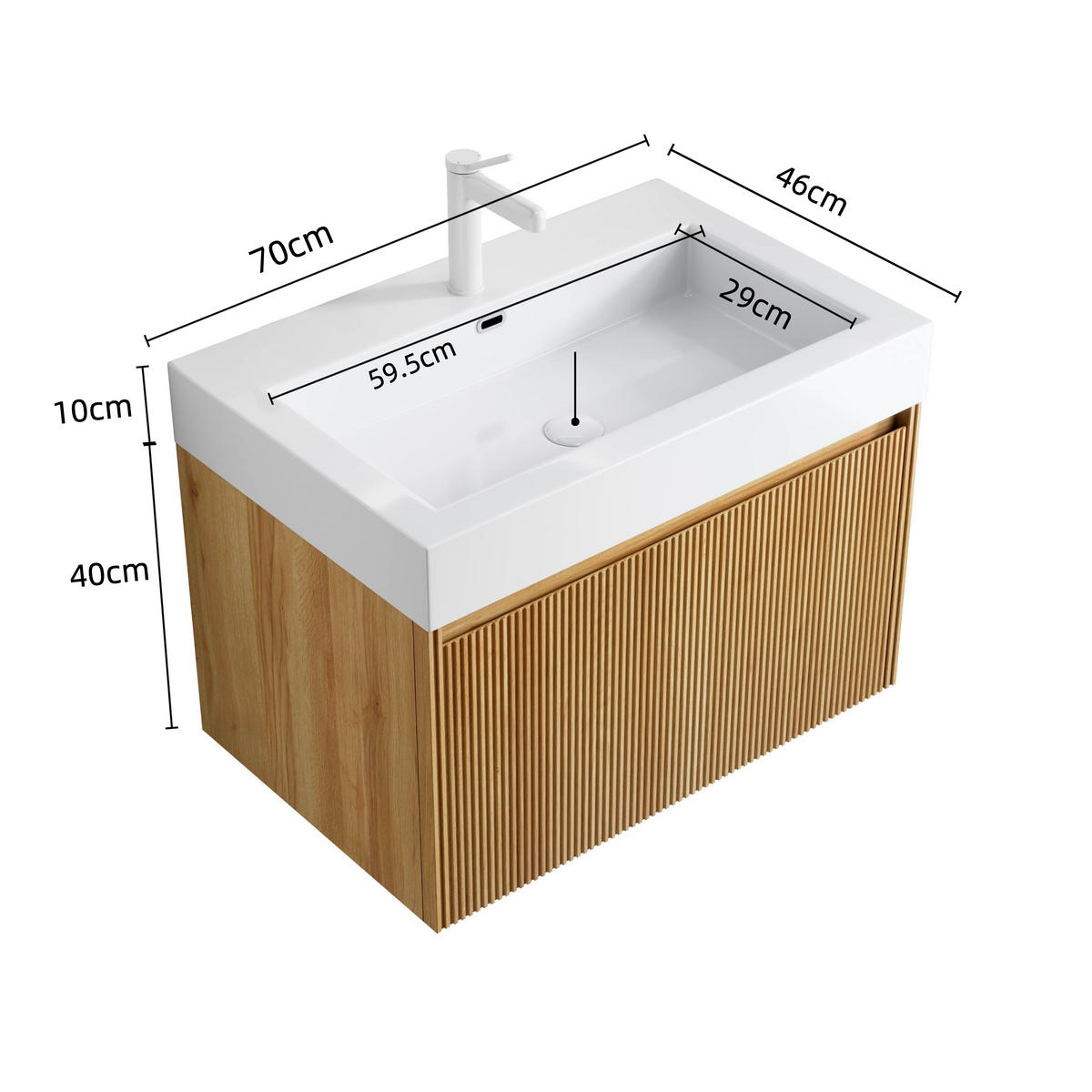 WASCHTISCHUNTERSCHRANK 70x46x50cm Naturholz/Weiß mit Resinbecken & LED-Schubladensystem - Naturfarben, Kunststoff (70/50/46cm) - Modfu