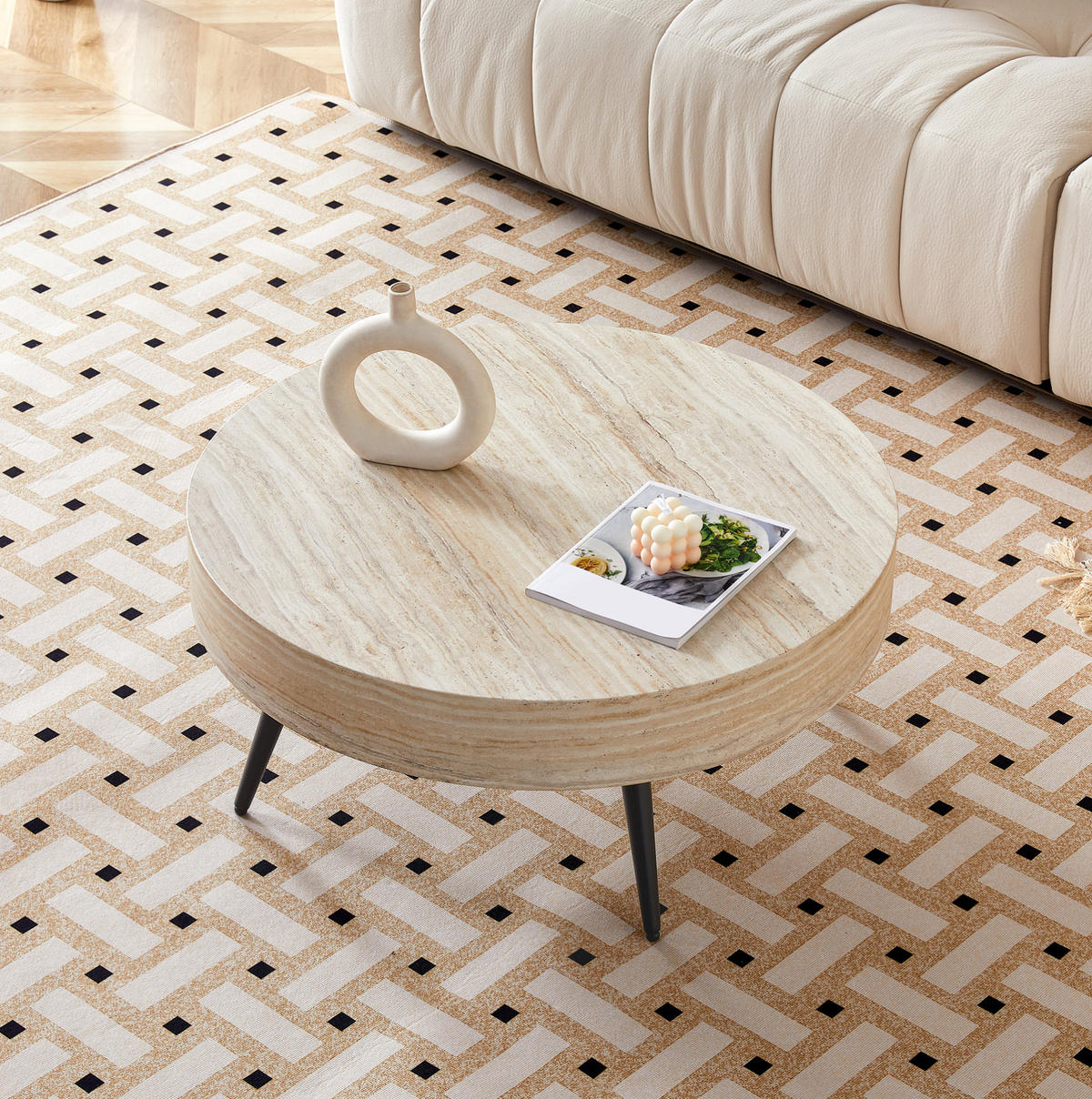 KLUBSKA miza, Ø 70/35,5 cm, MDF v videzu svetlega travertina in črna kovina - črna, leseni material (70/70/35.5cm) - BEAOK