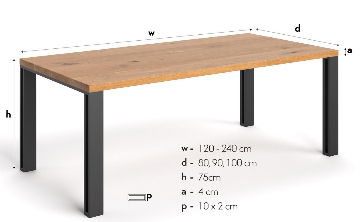 ESSTISCH Fold aus massivem Eichenholz 180x80 cm - Eichefarben/Schwarz, Holz/Metall (180/80/75cm) - Danzz